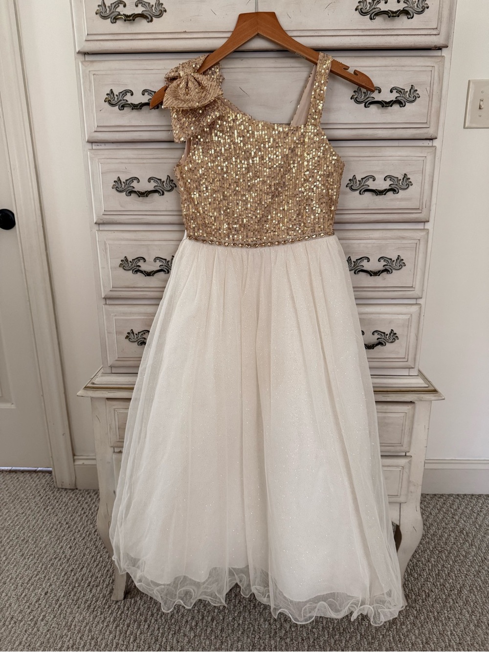 Designer Flower Girl White tulle & Gold Sequins Dress